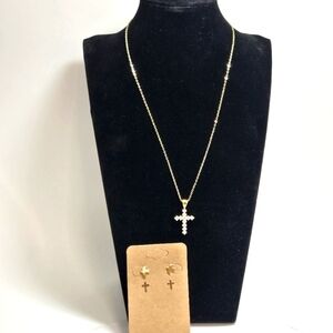 Crystal Cross 18" Goldtone Necklace Dove and Cross Post Earrings Looks New